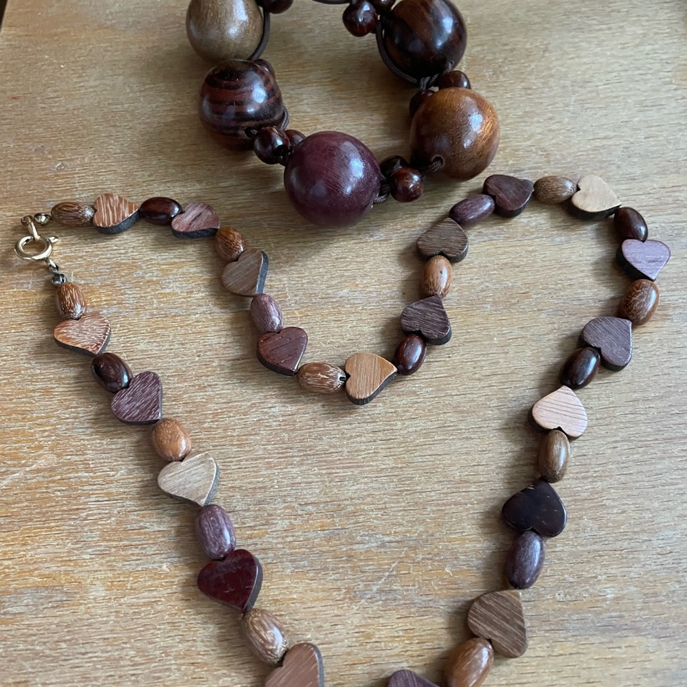 New Vintage Wood Heart Necklace & Chunk Bracelet Set from Costa Rica 19” Gift